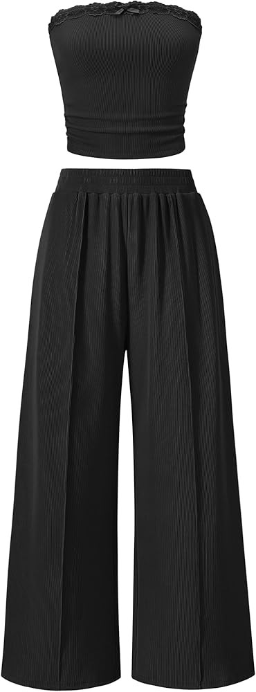 ZESICA Women's 2026 Summer 2 Piece Vacation Outfits Strapless Crop Tube Tops and Wide Leg Pants T... | Amazon (US)