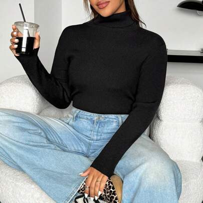 Plus Size Women's Thick Ribbed Black Turtleneck Sweater, Fleece Feeling, Autumn/Winter | SHEIN