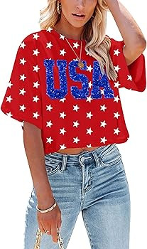 USA Shirts for Women American Star Sequin Crop Shirt Patriotic T-Shirt 4th of July Cropped Tees T... | Amazon (US)