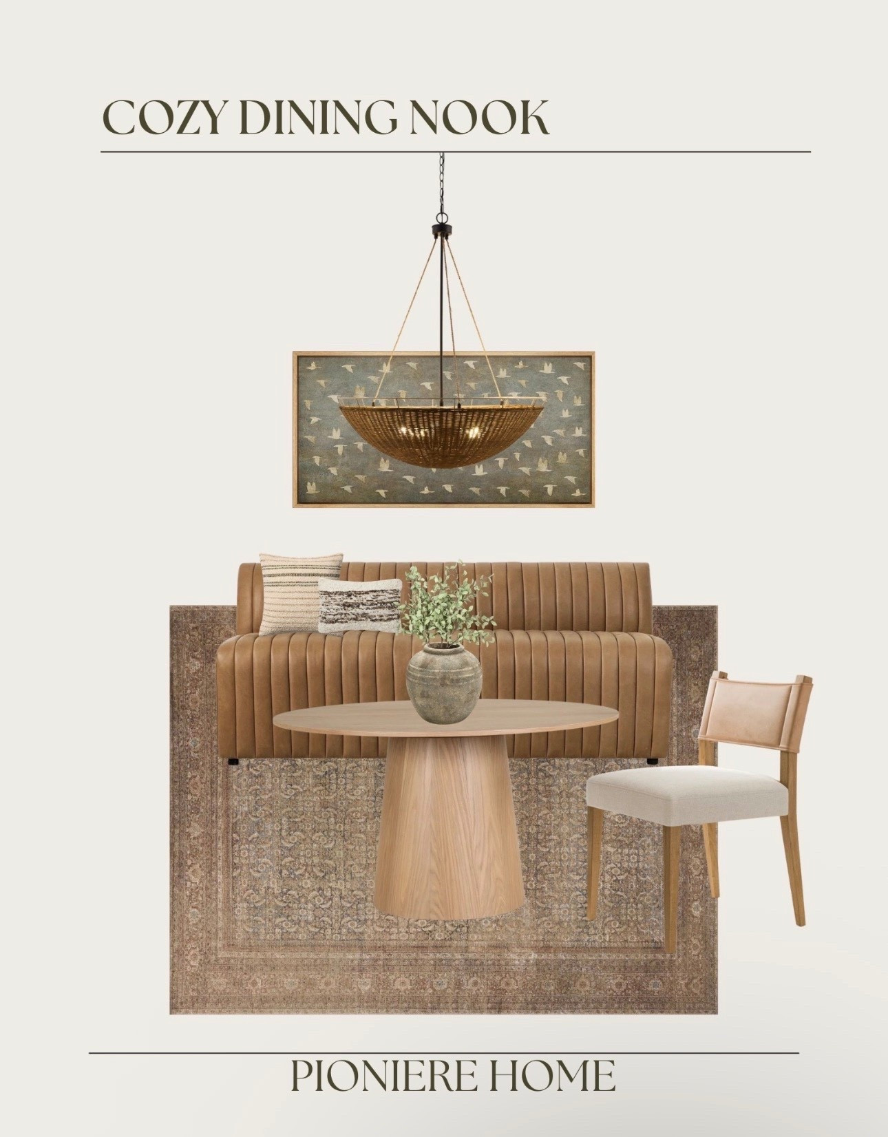 Cozy dining nook. Wayfair dining room furniture, leather banquette, round wood dining table, wove pedant light, amber Lewis x loloi, moody dining room



#LTKSaleAlert #LTKSeasonal #LTKHome