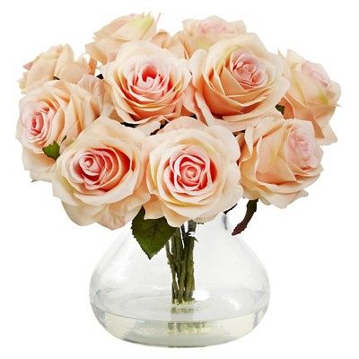Rose Arrangement with Vase, Peach - Nearly Natural | Target