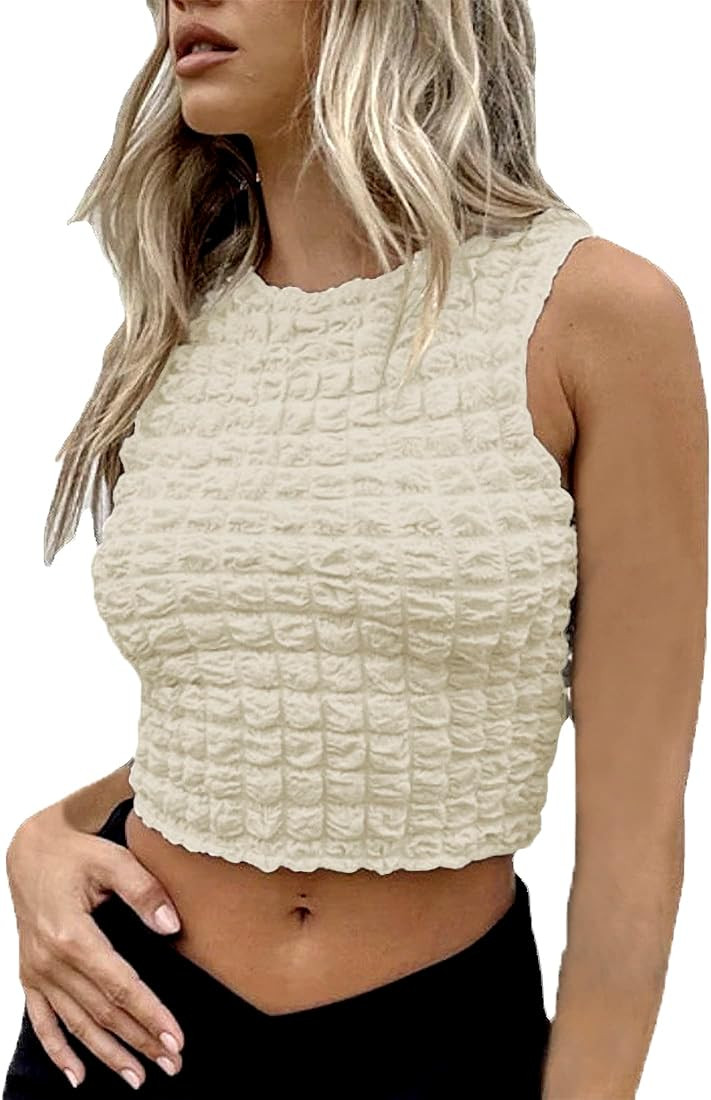 HYLLGUD Women's Summer Popcorn Knit Crop Tops Y2k Sleeveless Going Out Smocked Tank Tops | Amazon (US)