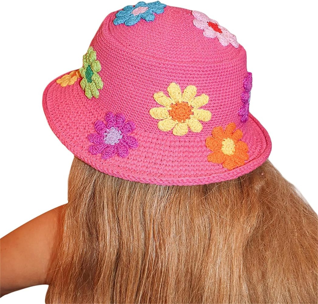 Women Crochet Bucket Hat Cute Flower Pattern Knitted Fisherman Hat Summer Trendy Outdoor Wide Bri... | Amazon (US)