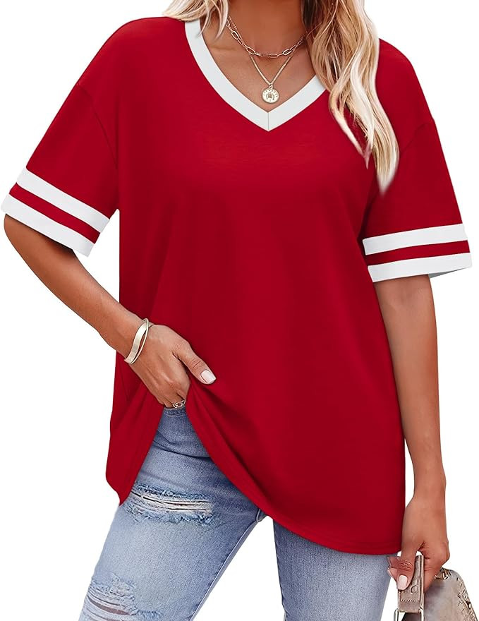 WIHOLL Womens T Shirts Loose Fit Short Sleeve Tees V Neck Color Block Summer Tops 2026 Fashion S-... | Amazon (US)