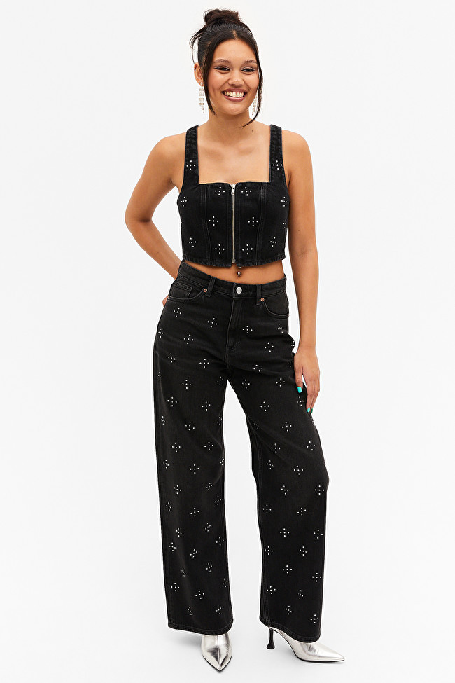 Iku high waist loose embellished jeans | Monki