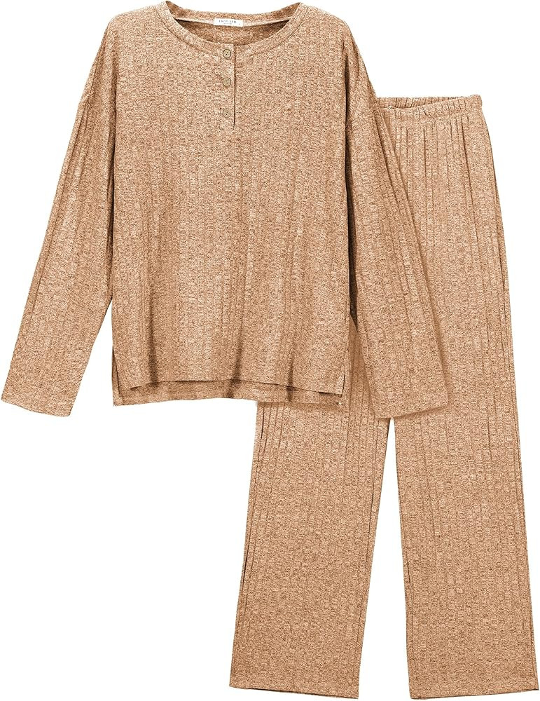 Ekouaer Womens Ribbed Knit Lounge Set Long Sleeve Henry-Neck Top and Long Pants Two Piece Soft Sl... | Amazon (US)