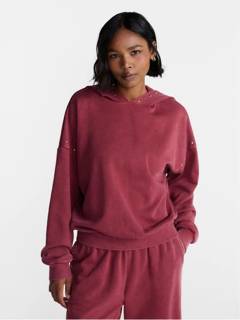 No Boundaries Mineral Wash Studded Fleece Oversized Hoodie, Women's XXS-XXL | Walmart (US)
