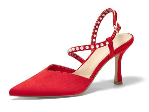 Coutgo Womens Pearl High Heels Closed Pointed Toe Wedding Bride Dress Shoes Ankle Strap Satin Pumps, Red, Size 7.5 | Amazon (US)