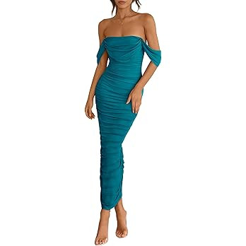 PRETTYGARDEN Womens 2026 Summer Off The Shoulder Dress Ruched Bodycon Sleeveless Split Cocktail P... | Amazon (US)