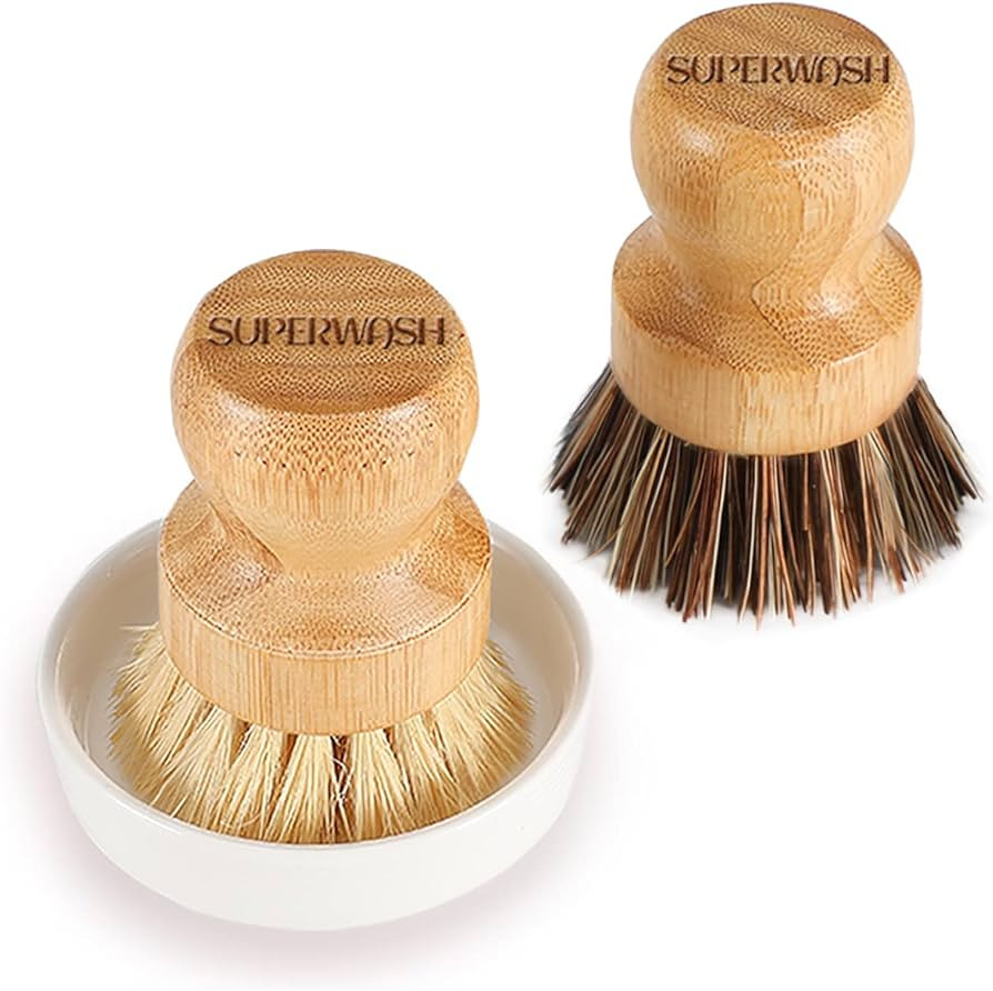 Bamboo Dish Brush with Ceramic Dish, Natural Bristle Palm Brush Pot Scrubber for Cast Iron Pans V... | Amazon (US)