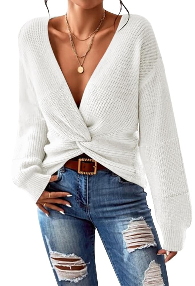 Pink Queen Women's 2025 Casual Pullover Sweaters Sexy V Neck Long Sleeve Twist Knot Cropped Knit ... | Amazon (US)