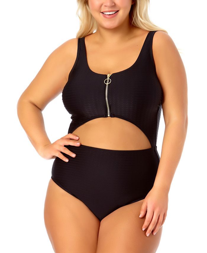 California Waves Trendy Plus Size One-Piece Zip-Front Swimsuit, Created for Macy's | Macys (US)