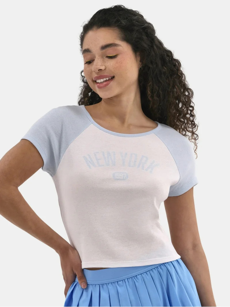 No Boundaries Graphic Raglan Baby Tee with Short Sleeves, Women's - Walmart.com | Walmart (US)