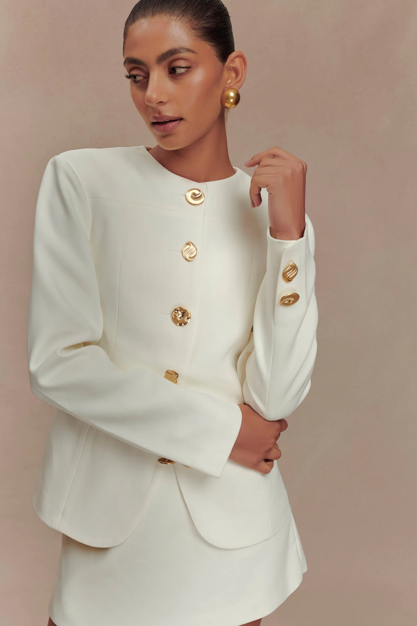 Mixed Button Blazer - Ivory | MESHKI US