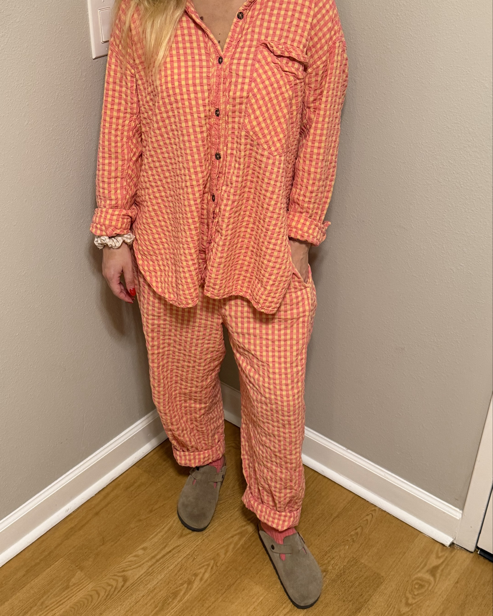 Gingham set, gingham pants, gingham button down shirt, free people, Boston Birkenstock, casual outfit, spring outfit, travel outfit

#LTKTravel #LTKootd