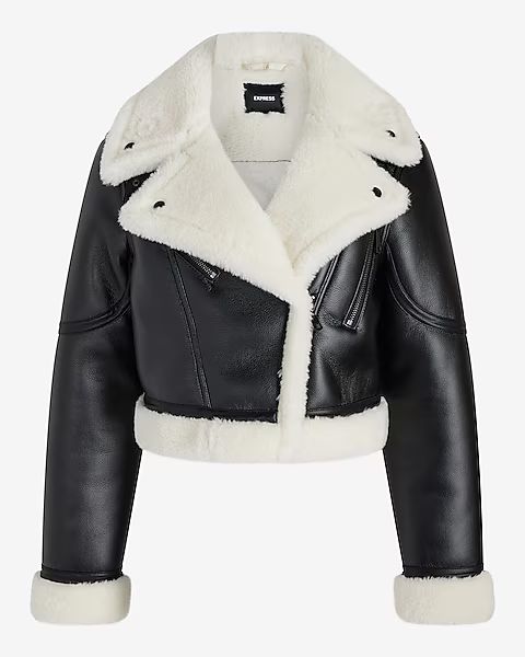 Faux Leather Sherpa Lined Cropped Moto Jacket | Express