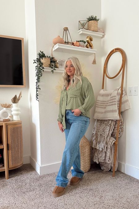 Pink blush checker satin button down top, Abercrombie relaxed denim. I normally do short but I got the regular for a longer/baggier fit. Fall outfit inspo. 

#LTKSeasonal #LTKshoecrush #LTKfindsunder50