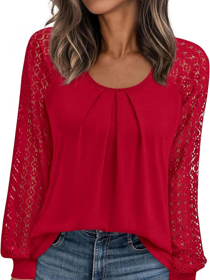 PRETTYGARDEN Womens Long Sleeve Shirts Lace Tops 2026 Spring Fashion Outfits Dressy Casual Blouse... | Amazon (US)