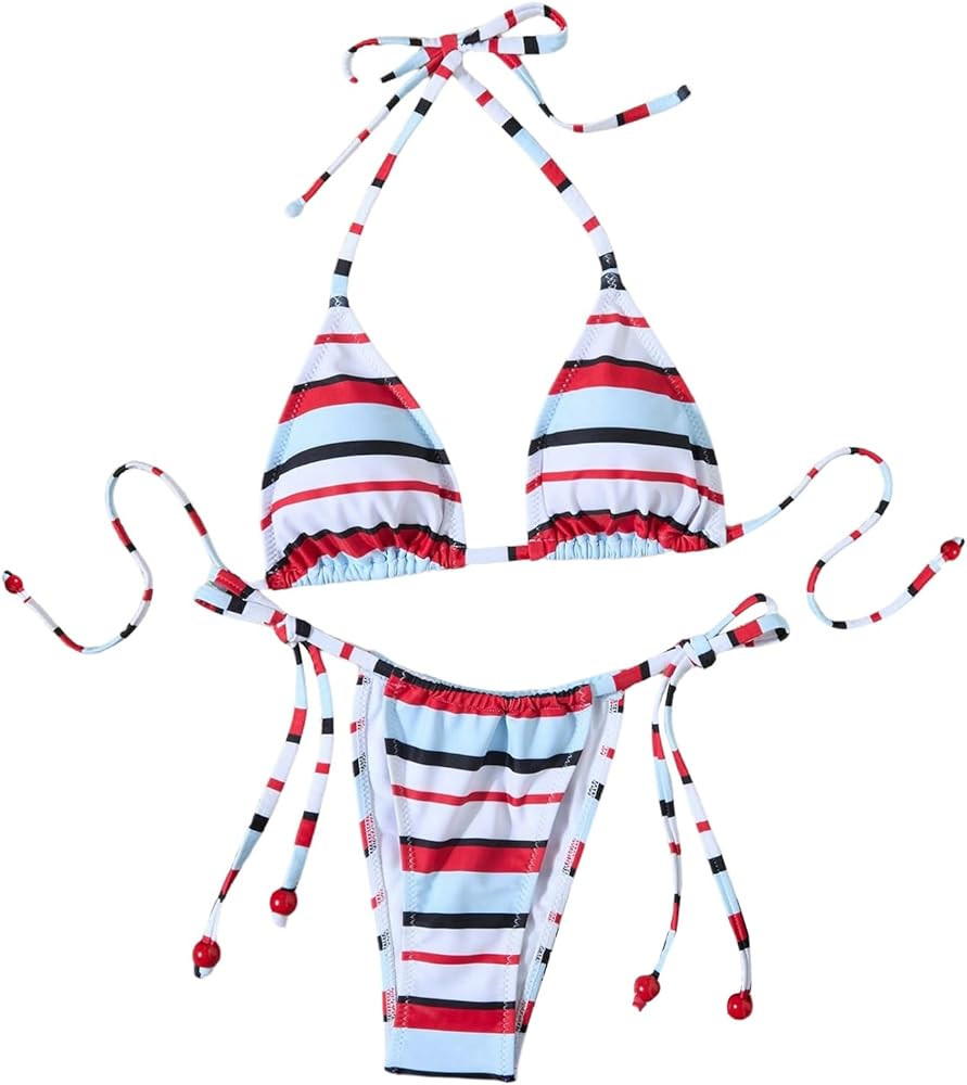 Amazon.com: MakeMeChic Women's Striped Triangle Thong Micro Bikini Sets Halter Swimsuits Bathing ... | Amazon (US)