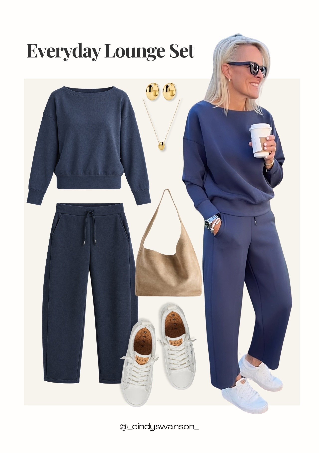 An everyday lounge set in a beautiful deep navy blue is an easy way to feel comfortable while still looking polished. I love how this matching sweatshirt and wide-leg pants pair with white sneakers and a simple neutral bag for errands, travel days, or a casual lunch out. It’s a great outfit formula for relaxed, modern classic style.