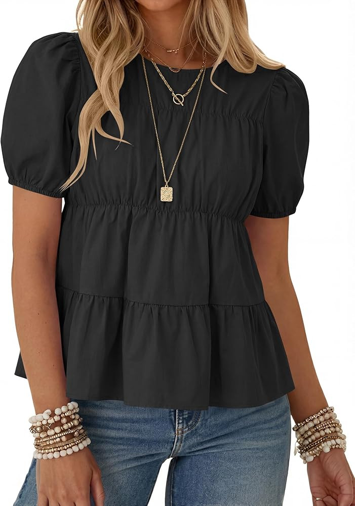 Rapbin Womens Puff Short Sleeve Babydoll Tops Summer Peplum Pleated Cotton T Shirts Casual Loose ... | Amazon (US)