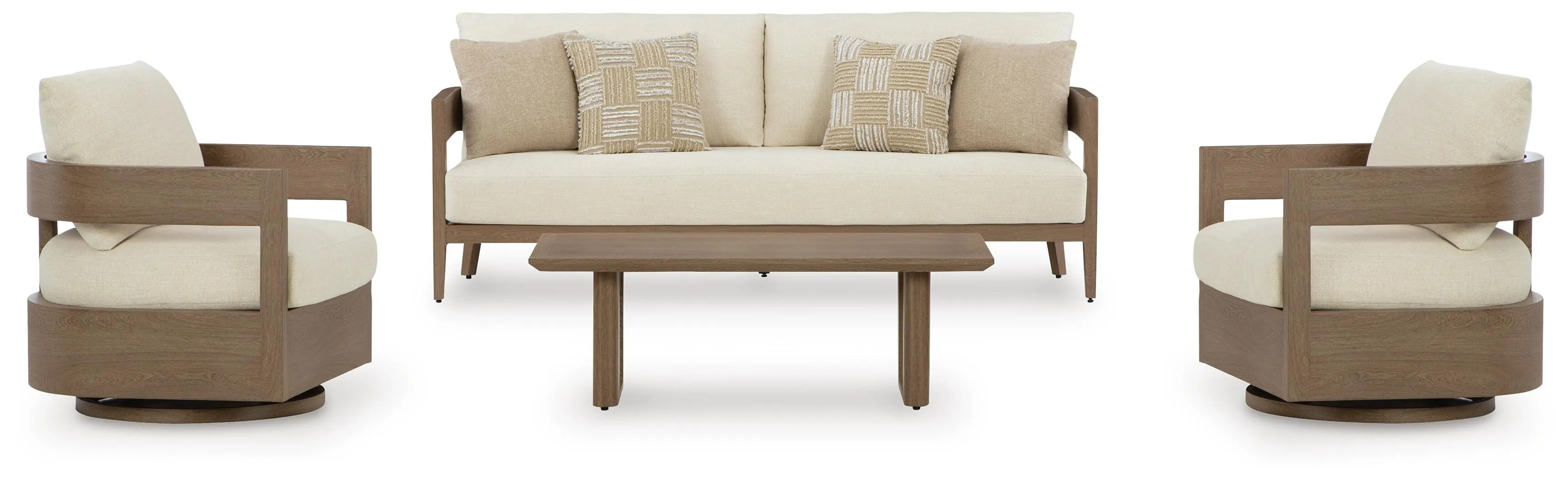Serene Bay Outdoor Sofa and 2 Chairs with Coffee Table, Dark Brown/White | Ashley
