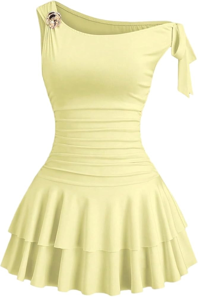 Floerns Women's Mini Dress Off The Shoulder Metal Floral Sleeveless Layered Hem Going Out Dresses | Amazon (US)