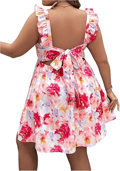 Floerns Women's Plus Size Bowknot Back Sundress Ruffle Sleeveless Boho A Line Dress | Amazon (US)