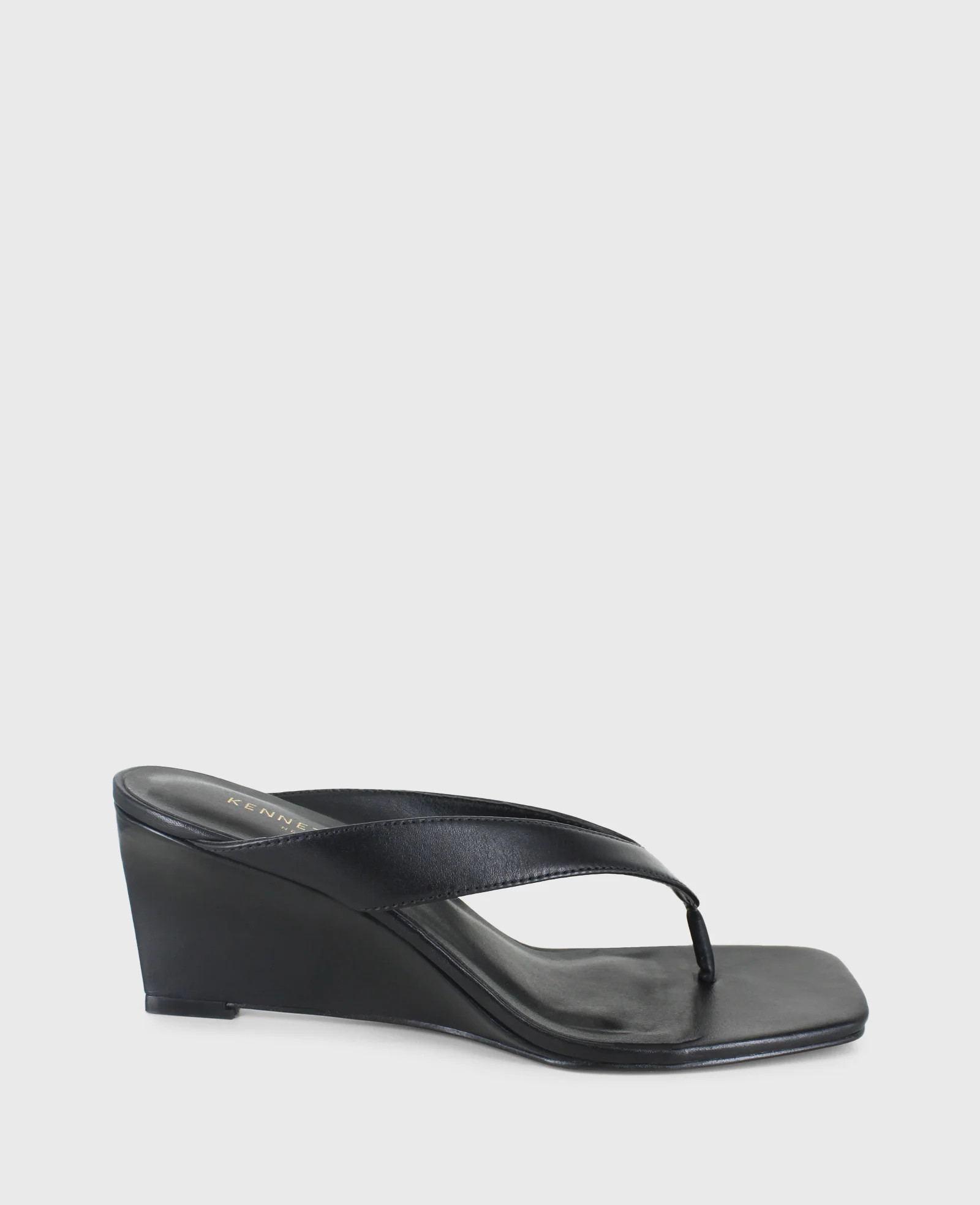 Kenneth Cole | Susannah Leather Thong Wedge Sandal in BLACK LEATHER, Size: 9.5 | Kenneth Cole