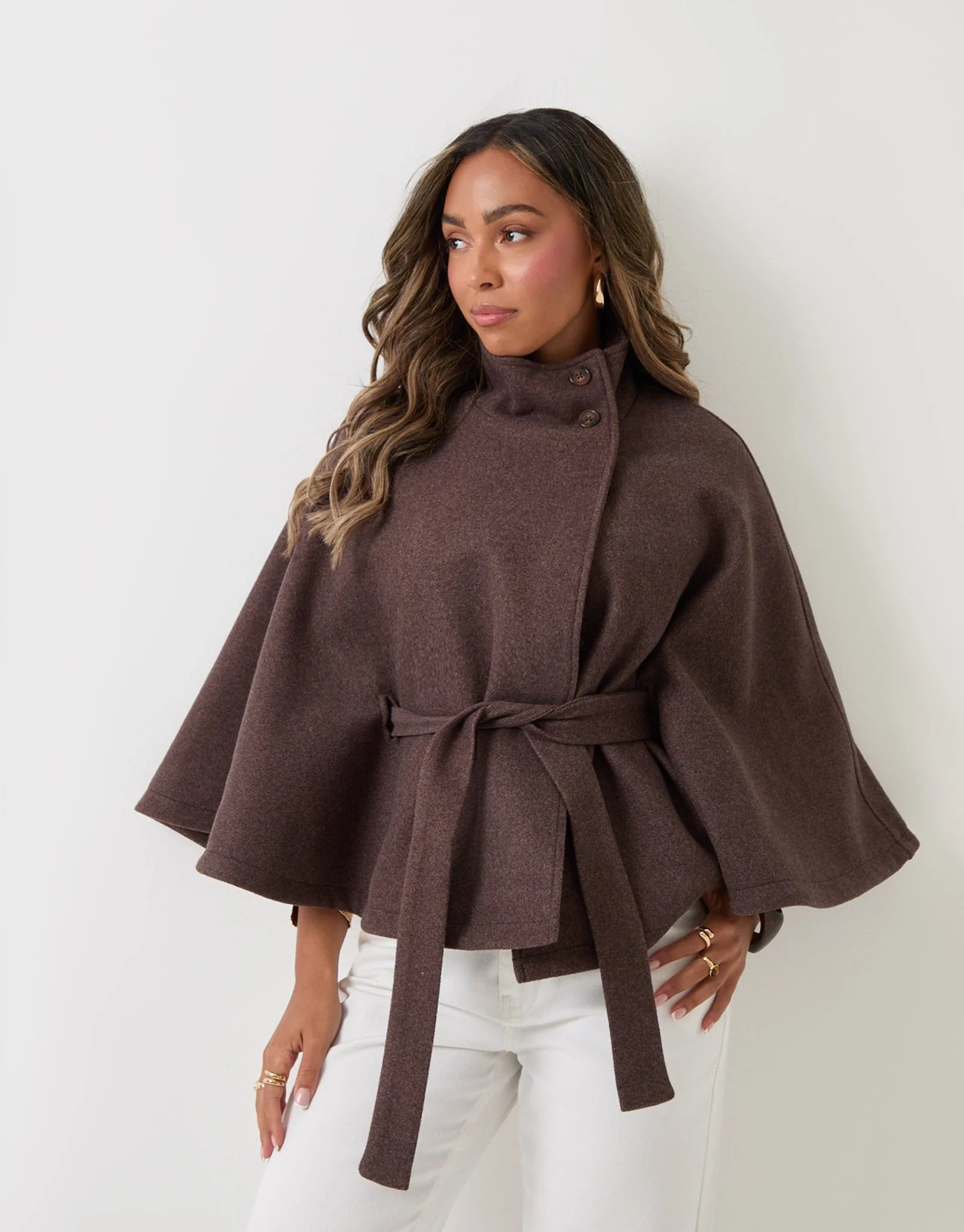 Faux Wool Cape Coat in Chocolate Brown | Threadbare UK