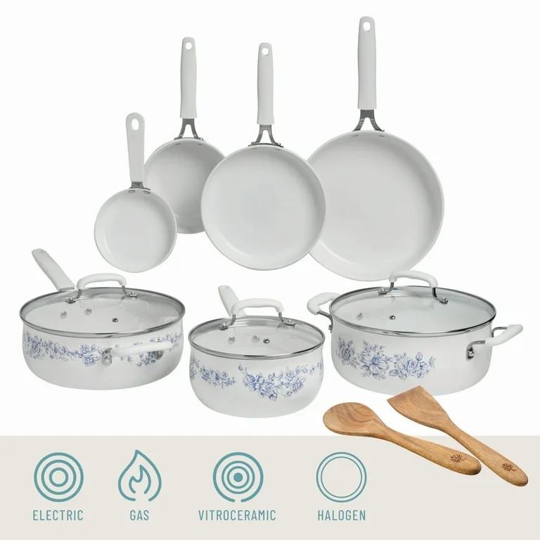 The Pioneer Woman 12-Piece Classic Ceramic Cookware Set, Agatha Blue | Walmart (US)