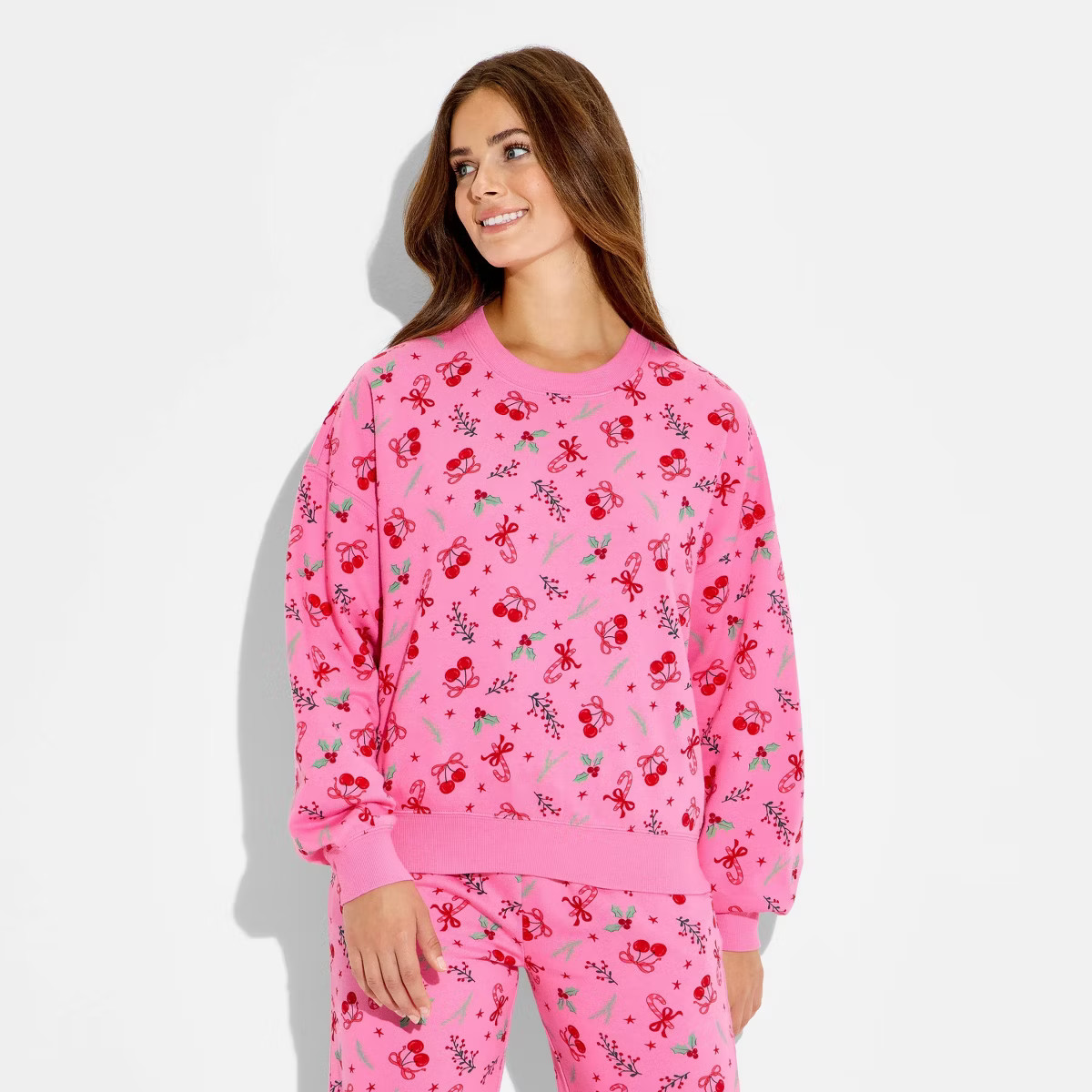 Women's Holiday Print Fleece Graphic Sweatshirt - Pink | Target