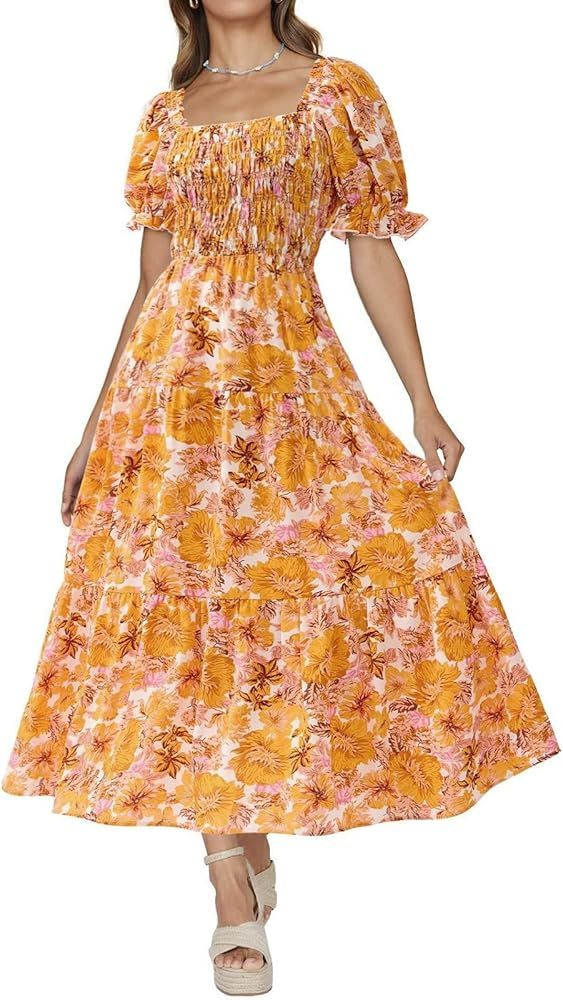 PRETTYGARDEN Women's Boho Floral Print Summer Dresses Square Neck Puff Sleeve A Line Long Dress S... | Amazon (US)
