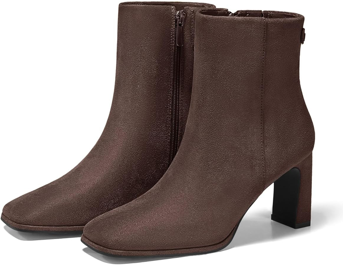 Coutgo Women's Square Toe Ankle Boots Chunky Block Heel Side Zipper Booties Faux Suede Winter Sho... | Amazon (US)