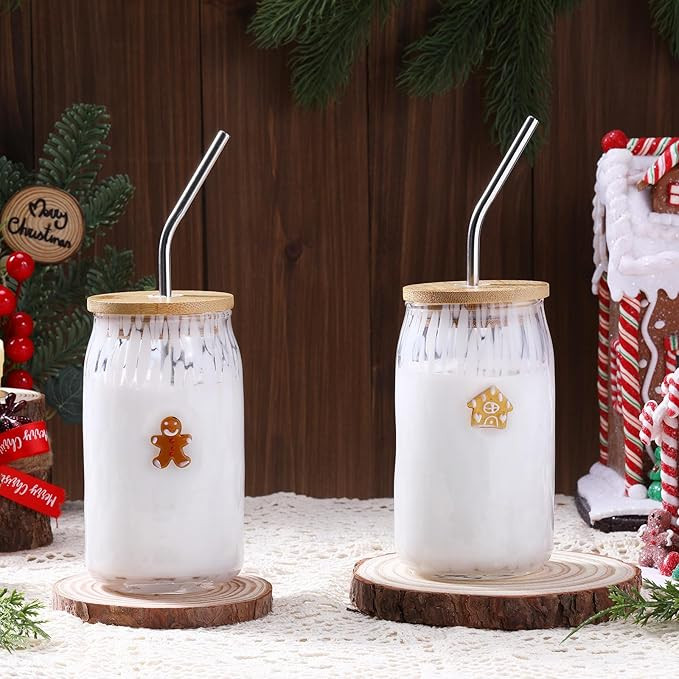 Honeydak 2 Pcs Christmas Icon Juice Glass Tumbler - 18 oz Gingerbread Man & House Icon Can Shape ... | Amazon (US)
