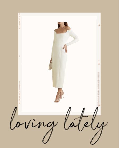 Kat Jamieson of With Love From Kat shares a white midi dress dress. Midi dress, off-the-shoulder dress, white dress, bridal style, floral dress, bridal dress, wedding style.

#LTKSeasonal #LTKwedding #LTKstyletip
