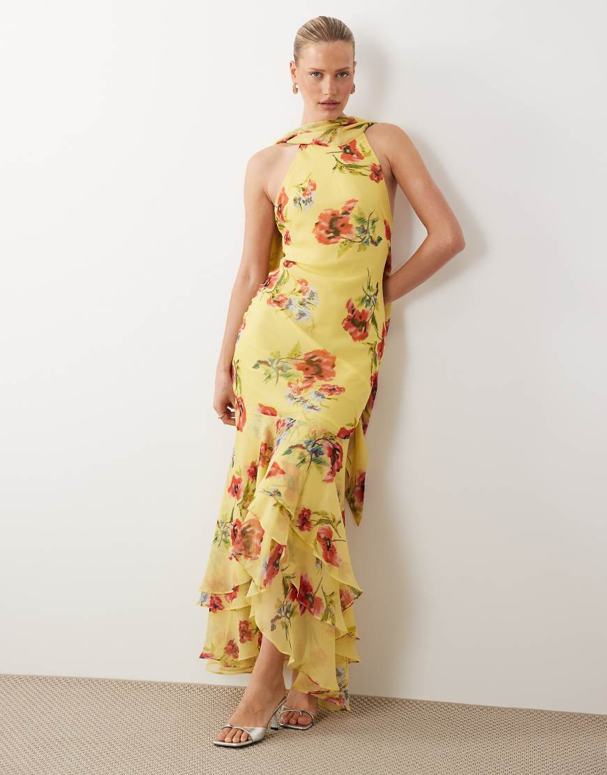 ASOS DESIGN halter maxi dress with scarf detail and ruffle hem in yellow & pink floral-Multi | ASOS (Global)