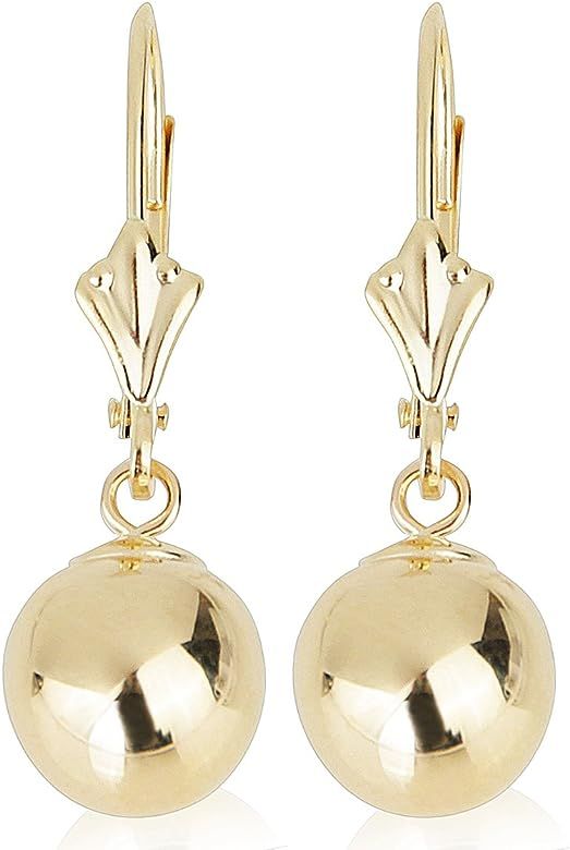 14k Yellow Gold Drop Earrings with Round Gold Ball (Lever back Ball Earrings, Balls Available in 5-8 | Amazon (US)