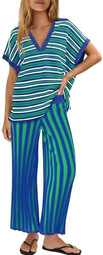 ReachMe Womens 2 Piece Lounge Sets Striped Short Sleeve Tops Wide Leg Cropped Pants Sweater Sets ... | Amazon (US)