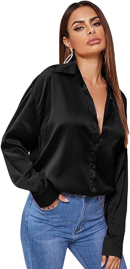 MakeMeChic Women's Satin Silk Long Sleeve Blouse Button Down Shirt Casual Top | Amazon (US)