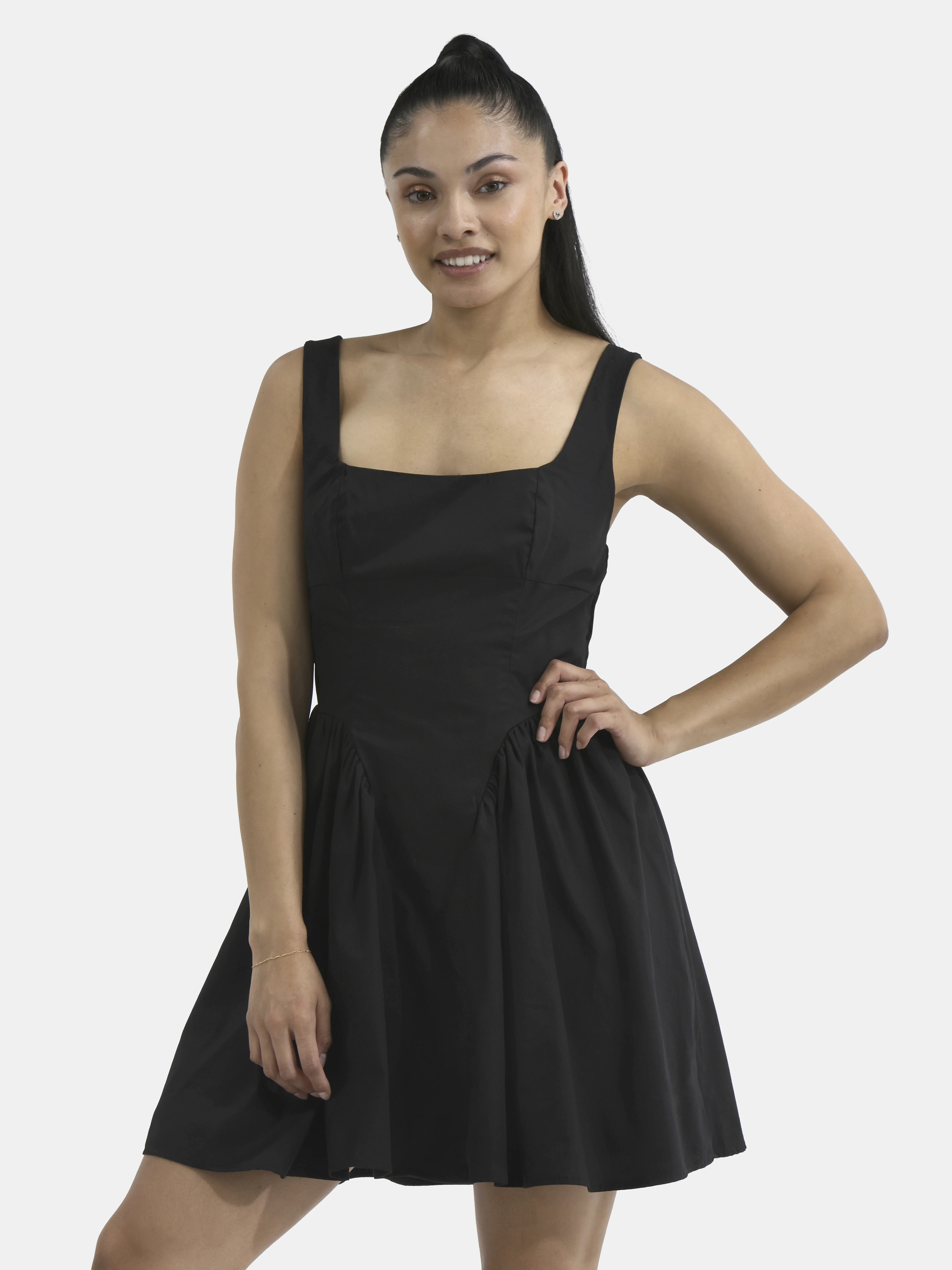 No Boundaries Square Neck V-Waist Poplin Dress, Women's | Walmart (US)