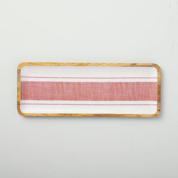 Bold Center Stripe Enamel & Wood Serve Tray Red/White - Hearth & Hand™ with Magnolia | Target