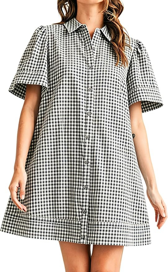 Womens Short Sleeve Button Down Mini Shirt Dress Lapel Collar Short Dresses with Pocket | Amazon (US)