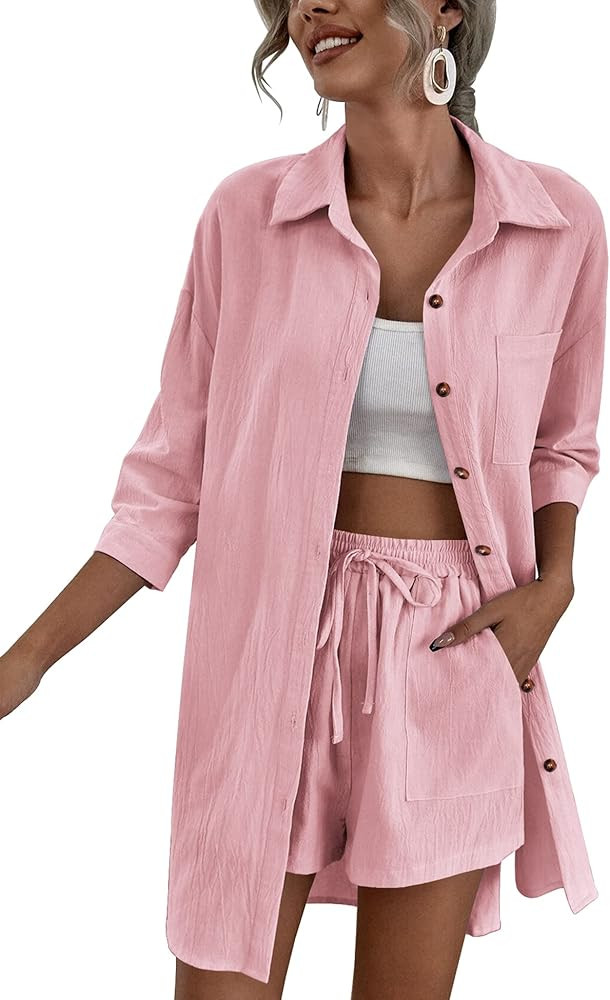 Zeagoo Women’s 2 Piece Lounge Tracksuit Outfit Sets Cotton Linen High Low Shirt and Drawstring ... | Amazon (US)