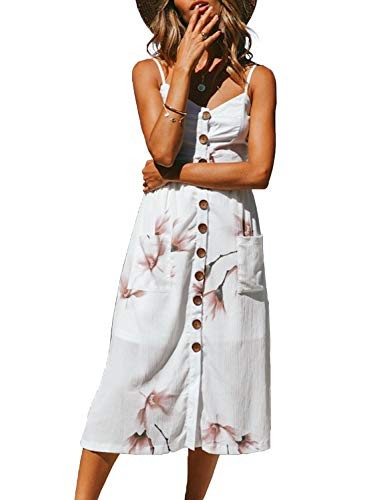 ZESICA Women's Summer Floral Printed Spaghetti Strap Button Down Pockets Swing Midi Dress | Amazon (US)