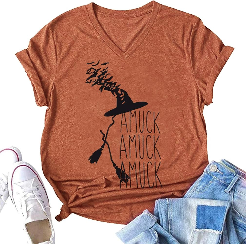 Amuck Amuck Amuck Halloween Funny V Neck T Shirt Womens Hocus Pocus Fall Casual Tee Shirt Vintage... | Amazon (US)