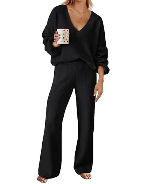 Viottiset Women's 2 Piece Outfits Casual V Neck Knit Wide Leg Sweater Lounge Set Sweatsuit | Amazon (US)