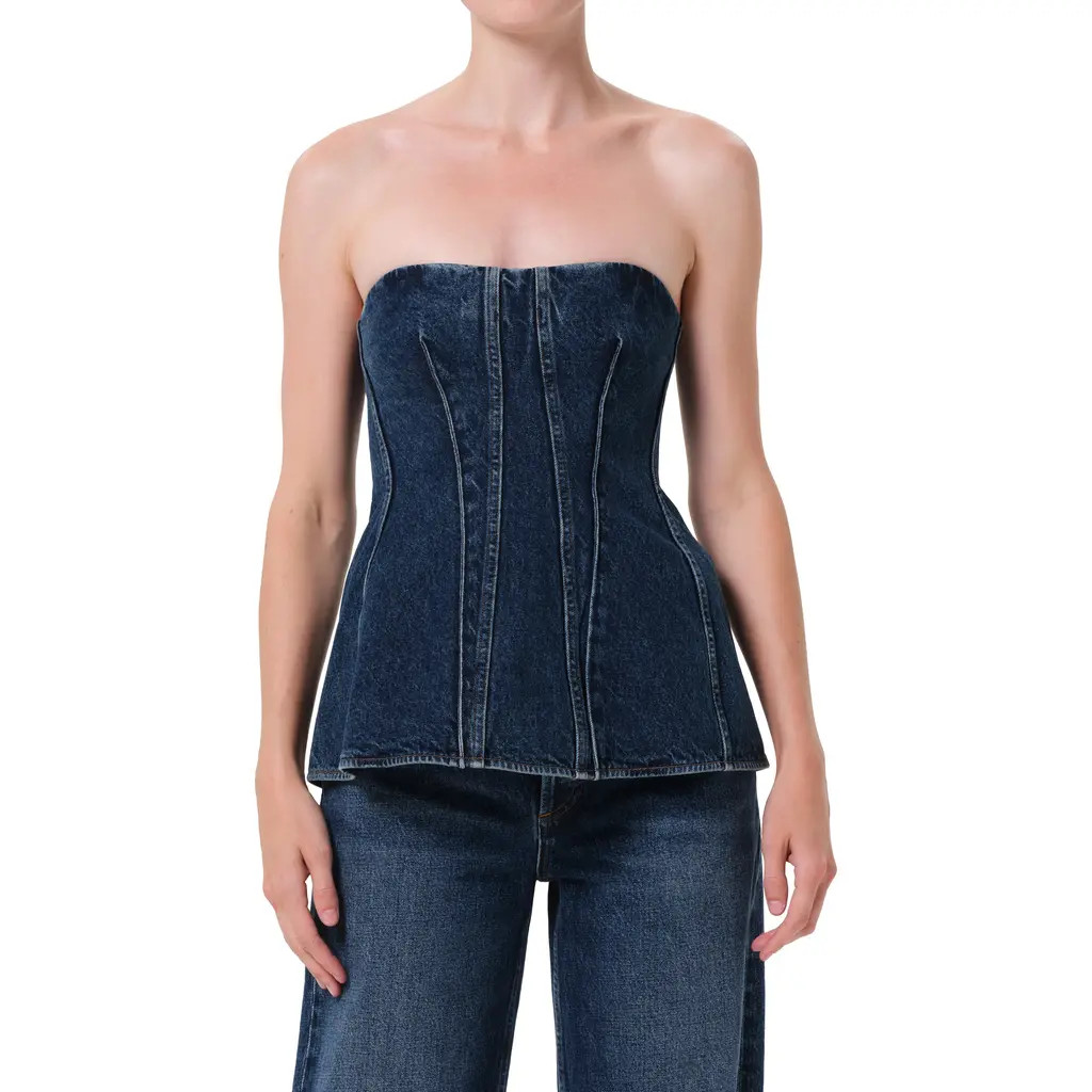 AGOLDE Lara Strapless Corset Peplum Denim Top in Dark Indigo at Nordstrom, Size Medium | Nordstrom