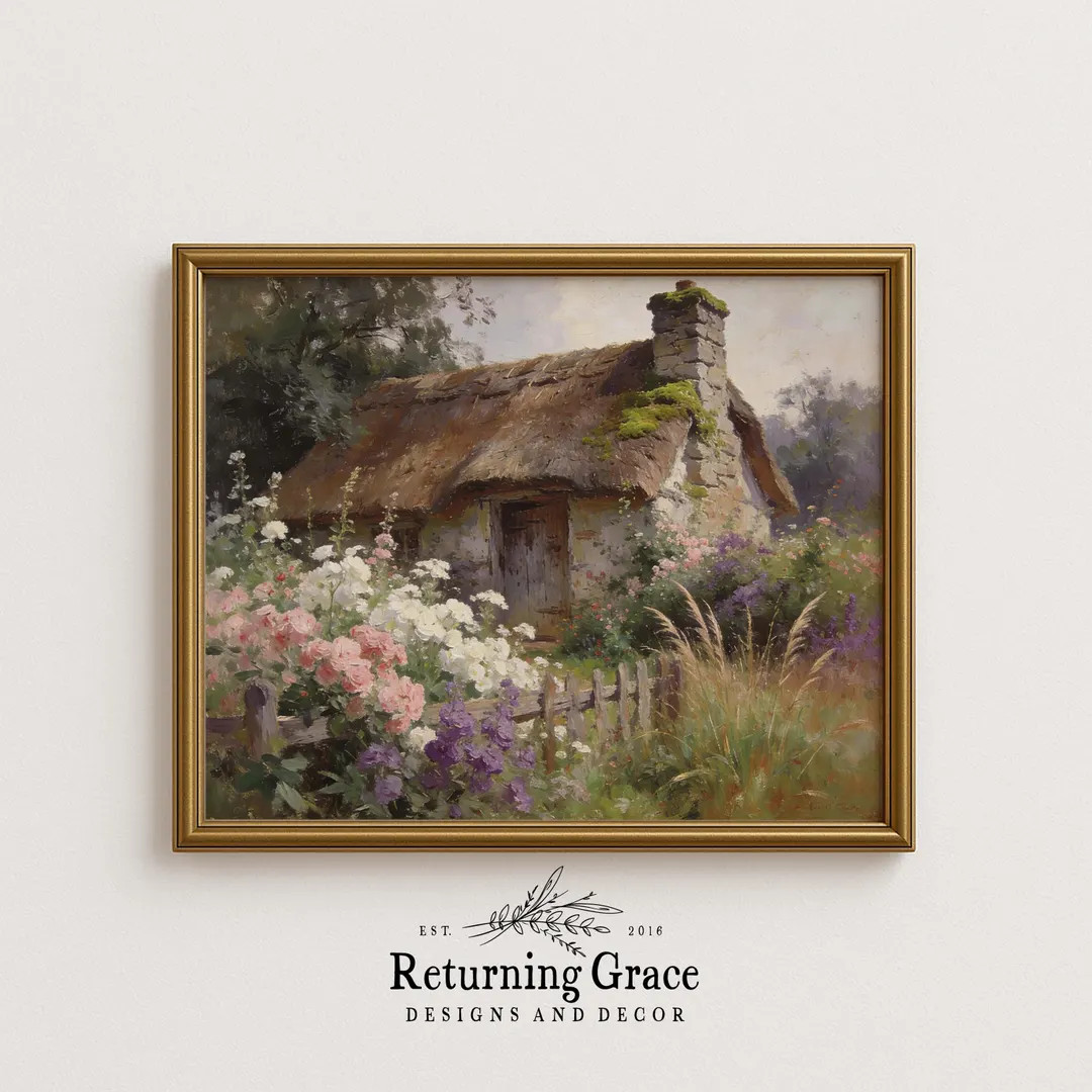 Vintage Cottage Art Print, Cottagecore Spring Landscape (digital Download), Cottage With the Rose... | Etsy (US)