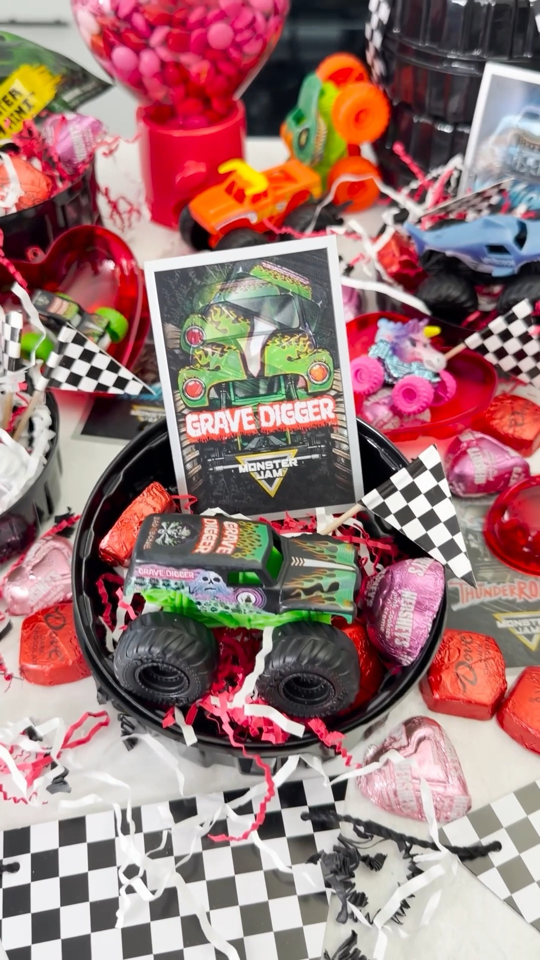 Easy Monster Jam Valentine’s Day idea with fillable Monster Truck tires  
